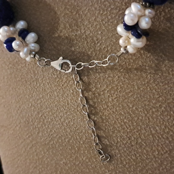Sterling Lapis Lazuli Large Bead Freshwater Pearl Choker Necklace - Picture 5 of 5